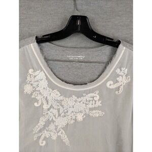 Soft Surroundings Womens Shirt Large Gray Embroidered Chiffon Knit‎ Floral Top
